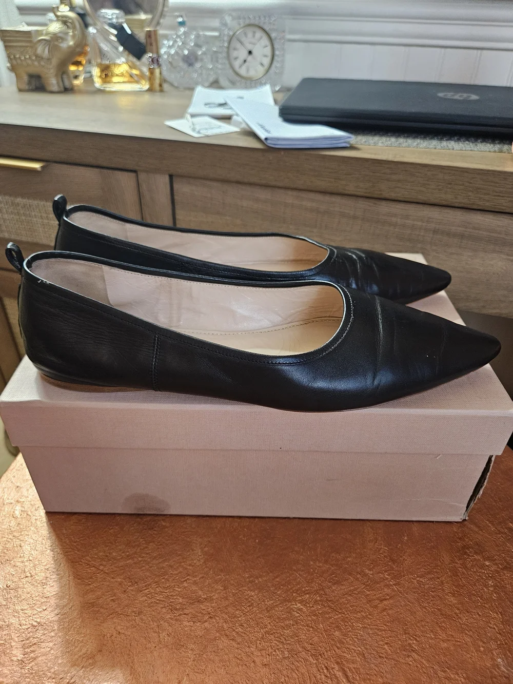 Miu Miu Black Pointed-Toe Leather Flats Size 10